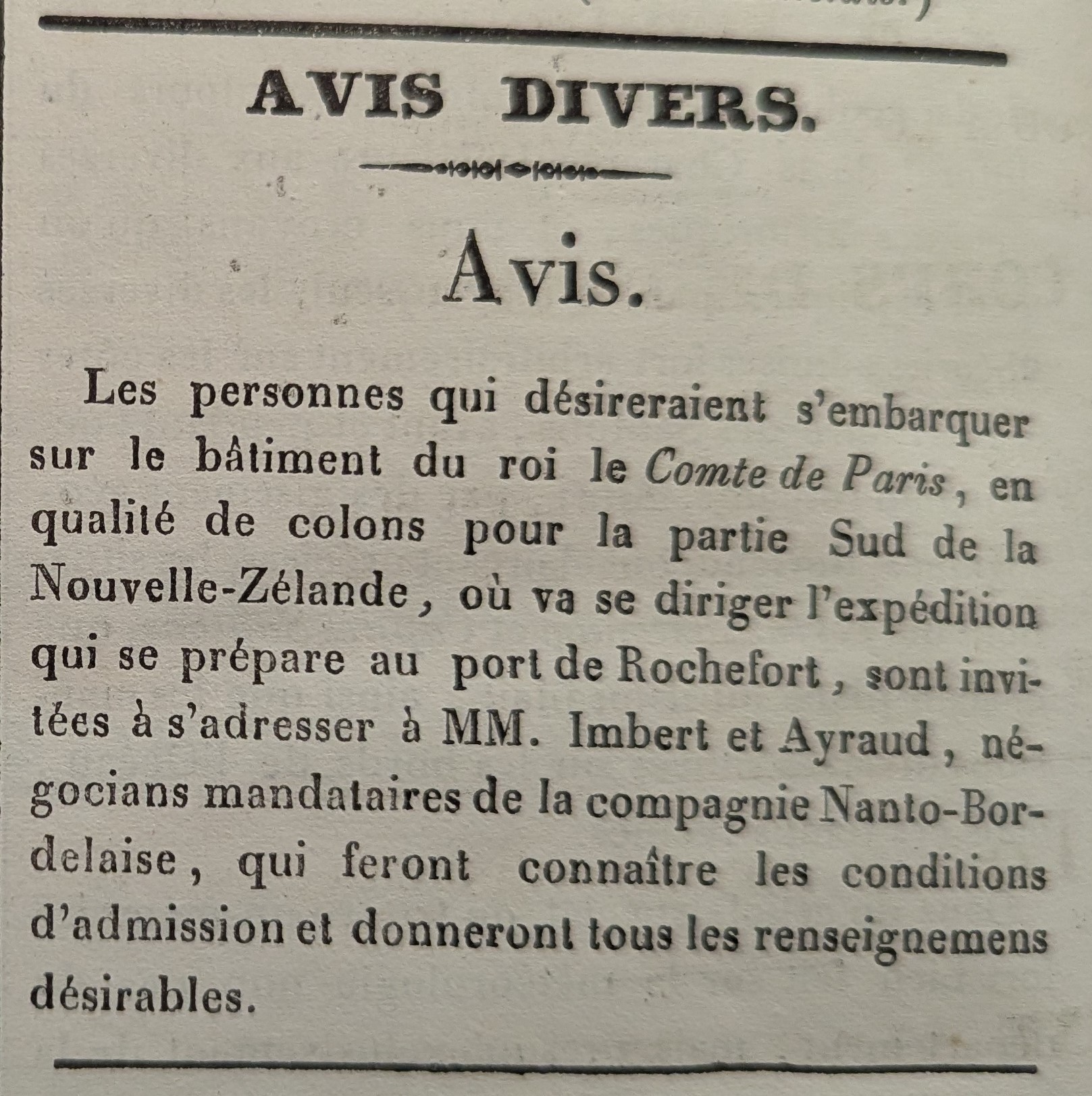 Extrait du Journal Les Tablettes, vendredi 27 décembre 1839